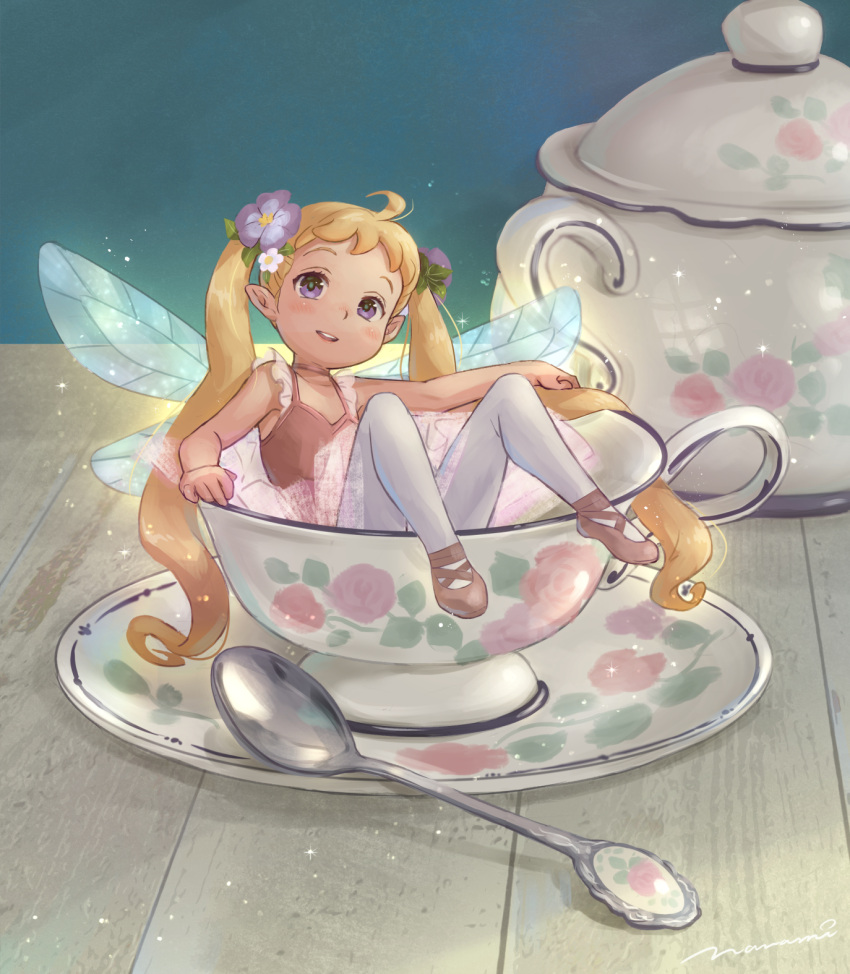 1girl ahoge ballet_slippers blush commentary_request cup fairy fairy_wings flower hair_flower hair_ornament head_tilt highres in_container in_cup long_twintails looking_at_viewer minigirl nanami_tomorou open_mouth original plate pointy_ears purple_eyes solo spoon teacup teapot transparent_wings tutu twintails white_legwear wings