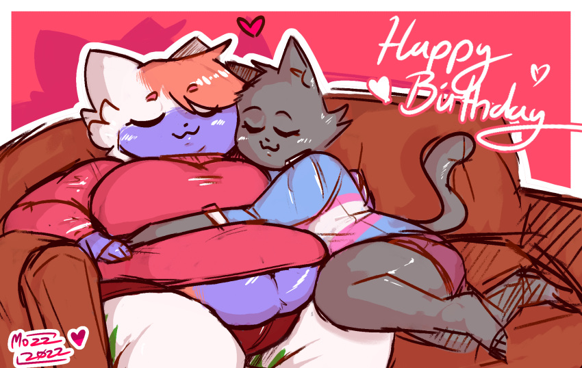 &lt;3 anthro belly bottomwear clothing cuddling detailed_background domestic_cat duo ears_up embrace eyes_closed feet felid feline felis female female/female fur furniture green_body green_fur grey_body grey_fur head_tuft hi_res highlights_(coloring) hug lgbt_pride lying lying_on_sofa mammal nifty_(artist) on_sofa overweight pink_body pink_fur pride_colors purple_body purple_fur shadow sheilah_(5h3i1ah) shirt shorts signature sitting sitting_on_sofa sofa t-shirt text topwear toxxy_(slime_cat) trans_(lore) trans_woman_(lore) transgender_pride_colors tuft white_body white_fur