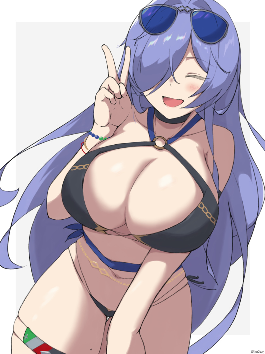 1006kbps 1girl absurdres aviator_sunglasses azur_lane belly_chain bikini black_bikini black_choker breasts choker closed_eyes cowboy_shot dutch_angle eyewear_on_head grey_background hair_over_one_eye highres huge_breasts jewelry long_hair mole mole_on_thigh multi-strapped_bikini_bottom o-ring o-ring_bikini official_alternate_costume open_mouth purple_hair simple_background skindentation solo sunglasses swimsuit trento_(azur_lane) trento_(summer's_hotness?)_(azur_lane) two-tone_background v very_long_hair white_background wristlet