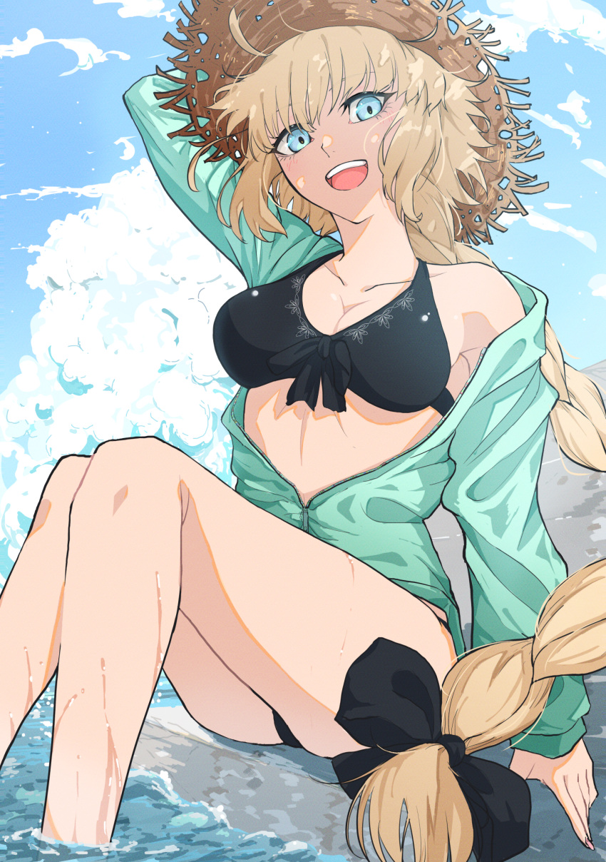 1girl anianiani0607 aqua_eyes blonde_hair fate/grand_order fate_(series) highres jeanne_d'arc_(fate) jeanne_d'arc_(swimsuit_archer)_(fate) jeanne_d'arc_(swimsuit_archer)_(first_ascension)_(fate) long_hair looking_at_viewer solo swimsuit water