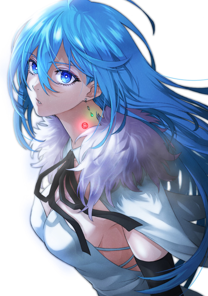1girl ahoge bad_link bangs black_ribbon blue_eyes blue_hair breasts capelet cleavage cover cover_page dress earrings elbow_gloves fur_trim glint gloves hair_between_eyes highres iro_marimo jewelry large_breasts long_hair looking_at_viewer manga_cover neck_ribbon official_art parted_lips ribbon sideboob simple_background single_earring solo upper_body very_long_hair vivy vivy:_fluorite_eye's_song white_background white_dress