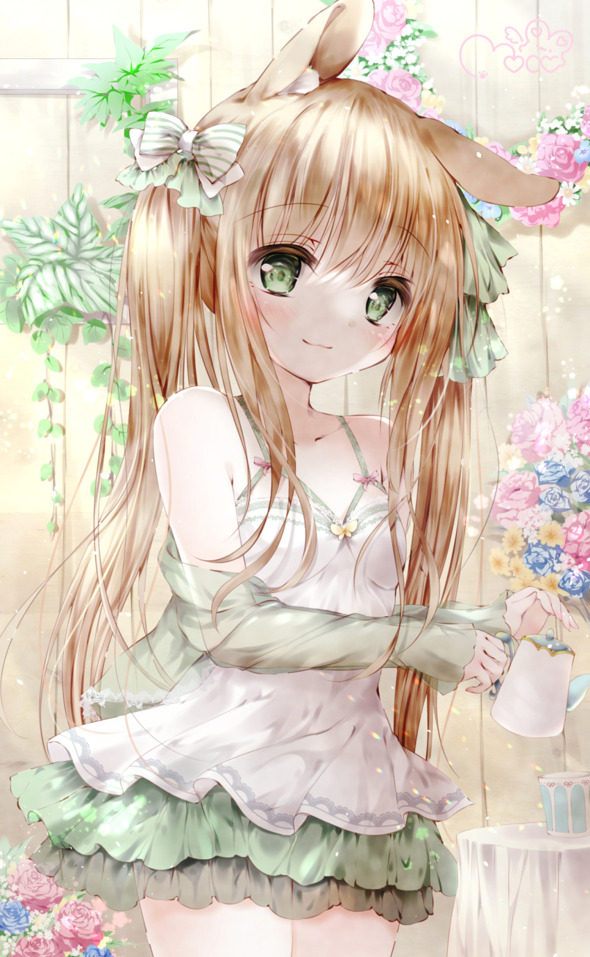 1girl animal_ear_fluff animal_ears bangs bow breasts closed_mouth collarbone cowboy_shot dress flower frilled_dress frills green_dress green_eyes hair_bow hair_over_shoulder highres holding holding_teapot light_brown_hair long_hair looking_at_viewer moco_ofuton original rabbit_ears rabbit_girl sidelocks smile solo spaghetti_strap standing teapot thighs twintails very_long_hair white_dress
