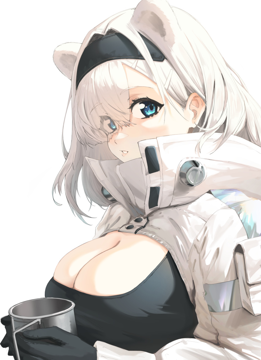 1girl absurdres animal_ears arknights aurora_(arknights) bangs bear_ears black_gloves black_hairband black_shirt blue_eyes breasts cleavage commentary cup gloves hair_over_one_eye hairband highres holding holding_cup large_breasts long_hair long_sleeves looking_at_viewer mug parted_lips radioneet shirt shrug_(clothing) simple_background solo upper_body white_background white_hair