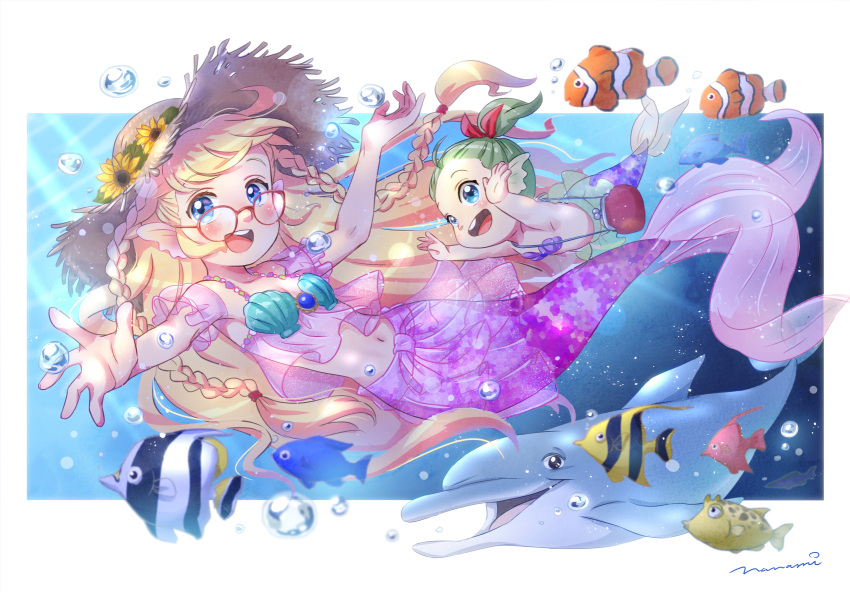 2girls air_bubble bag blonde_hair blue_eyes blush braid bubble child clownfish commentary dolphin fish flower glasses green_hair hat hat_flower highres mermaid monster_girl multiple_girls nanami_tomorou navel open_mouth original outstretched_arms ponytail puffer_fish round_teeth shell shell_bikini shoulder_bag signature spread_arms straw_hat symbol-only_commentary teeth underwater underwear