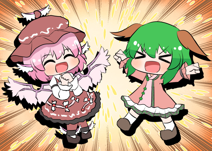 &gt;_&lt; 2girls animal_ears bird_ears bird_wings black_footwear blush brown_dress brown_headwear brown_legwear closed_eyes coruthi dog_ears dress frilled_dress frills full_body green_hair hair_between_eyes kasodani_kyouko long_sleeves multiple_girls mystia_lorelei open_mouth pink_dress pink_hair shoes short_hair smile touhou white_legwear white_wings winged_hat wings