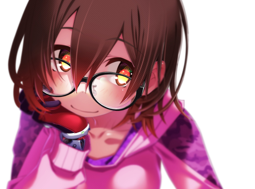 bangs blurry brown_eyes brown_hair close-up closed_mouth glasses gloves highres hololive hood hoodie long_sleeves looking_at_viewer looking_up pink_hoodie red_gloves roboco-san sakuya_tsuitachi smile transparent_background virtual_youtuber