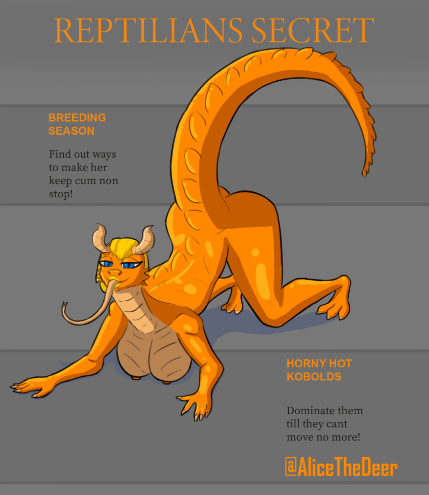 alicethedeer anthro breasts butt digital_media_(artwork) female hair hi_res horn kobold looking_at_viewer nipples nude open_mouth reptile scalie simple_background smile solo tongue