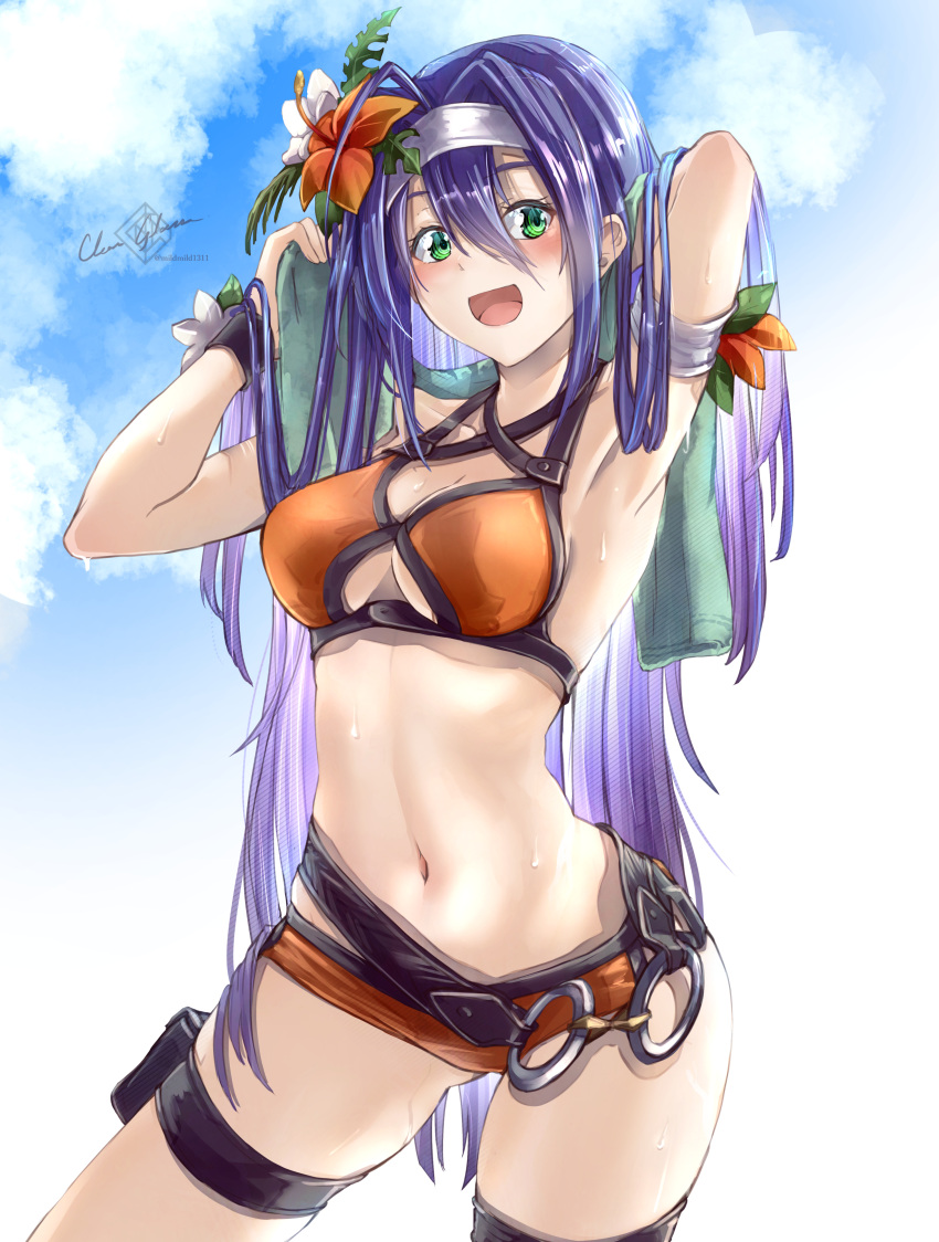 1girl :d absurdres arms_up artist_name belt bikini blue_hair blue_sky blush breasts clear_glass_(mildmild1311) cleavage cloud collarbone fire_emblem fire_emblem:_radiant_dawn flower green_eyes hair_flower hair_ornament hairband headband highres long_hair looking_at_viewer medium_breasts mia_(fire_emblem) navel official_alternate_costume open_mouth orange_bikini orange_swimsuit signature sky smile solo swimsuit thigh_strap towel very_long_hair white_hairband white_headband