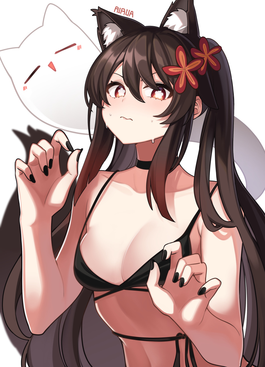 1girl absurdres animal_ears black_nails blush breasts brown_hair choker claw_pose cleavage closed_eyes closed_mouth flower fox_ears fox_girl fox_tail genshin_impact ghost ghost_tail hair_flower hair_ornament highres hu_tao_(genshin_impact) lira nail_polish navel red_eyes small_breasts sweatdrop symbol-shaped_pupils tail twintails upper_body wavy_hair