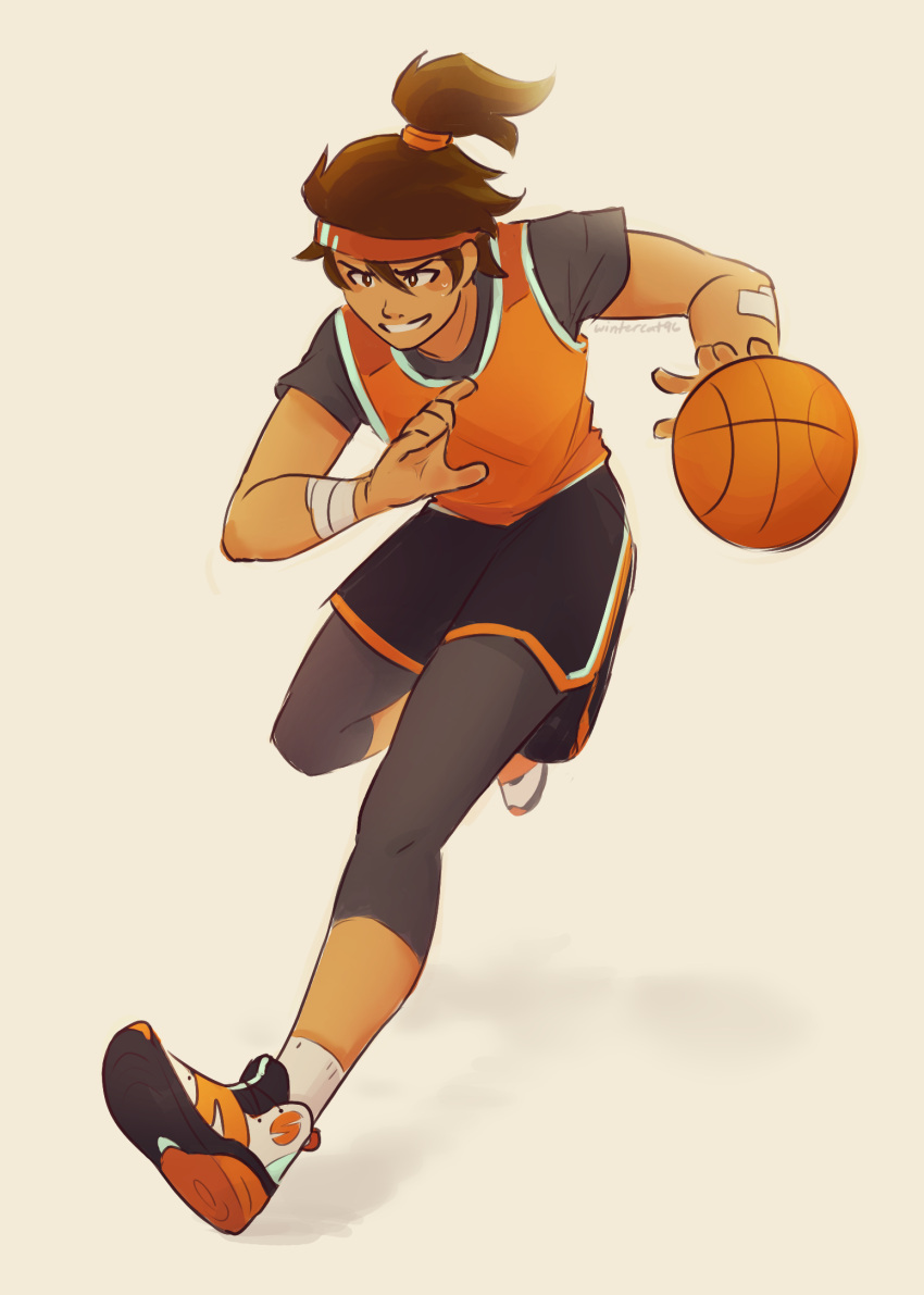 1boy bandages baseball brown_hair dark-skinned_male dark_skin highres kel_(omori) male_focus omori orange_shirt pants shirt shoes shorts simple_background smile sneakers socks solo sweat tank_top teenage teeth tight tight_pants white_legwear winters-sketches