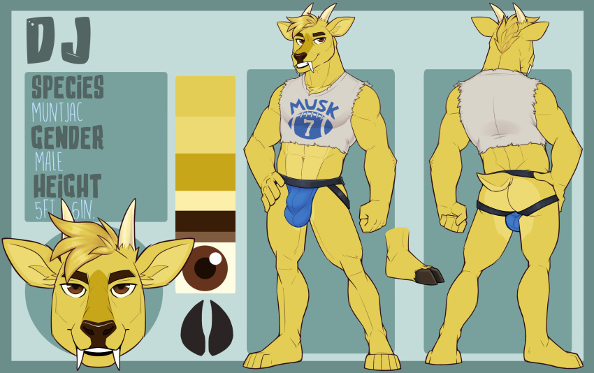 absurd_res american_football anthro barefoot brown_eyes bulge cervid cervine clothing crop_top detailed_bulge dj_strap fangs fcsimba feet fur hi_res hooves horn jockstrap male mammal model_sheet muntjac shirt solo sport text text_on_clothing text_on_topwear topwear underwear yellow_body yellow_fur