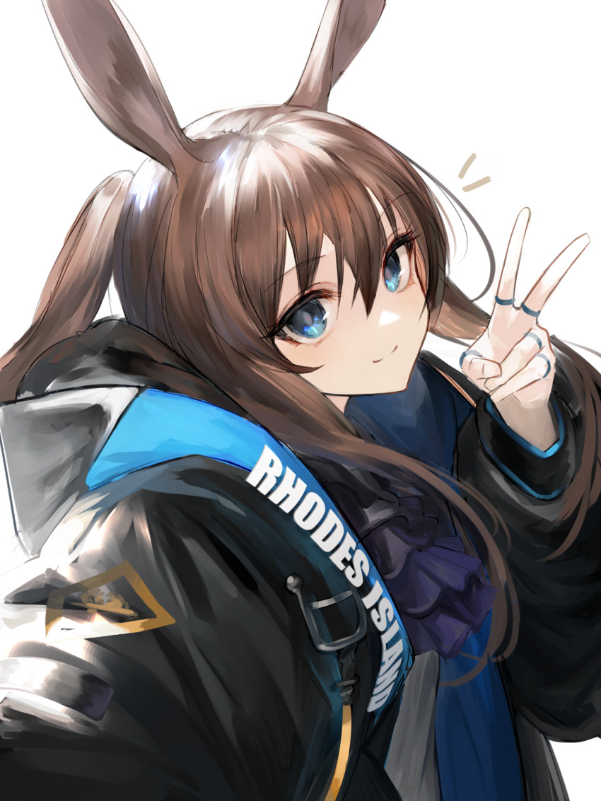 1girl amiya_(arknights) animal_ears arknights ascot black_jacket blue_ascot blue_eyes brown_hair clothes_writing hair_between_eyes hand_up highres jacket jazztaki jewelry long_sleeves looking_at_viewer multiple_rings notice_lines open_clothes open_jacket ponytail rabbit_ears rabbit_girl ring shirt sidelocks simple_background smile solo split_mouth thumb_ring upper_body v white_background white_shirt
