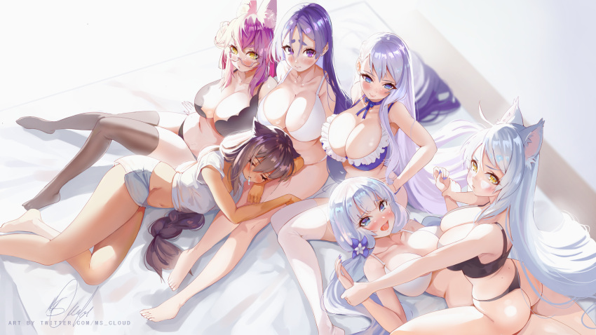 6+girls animal_ears ass azur_lane bakemonogatari bangs belfast_(azur_lane) bikini black_bikini black_hair black_legwear blue_bikini blue_eyes blush braid breasts cleavage curvy drooling fate/grand_order fate_(series) feet flower frills girl_on_top glasses hair_flower hair_ornament hanekawa_tsubasa highres holding_another's_wrist jahy jahy-sama_wa_kujikenai! large_breasts legs_together looking_at_viewer lying minamoto_no_raikou_(fate) monogatari_(series) ms_cloud multiple_girls nail_polish navel open_mouth pink_hair plump purple_eyes purple_hair saliva short_shorts shorts sitting sleeping sleepover spread_legs straddling swimsuit tamamo_(fate) tan thick_thighs thighhighs thighs white_bikini white_hair white_legwear wrestling yellow_eyes