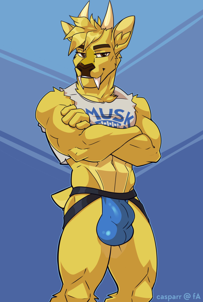 absurd_res anthro brown_eyes bulge casparr cervid cervine clothing crop_top crossed_arms dj_strap fangs fur hi_res horn jockstrap male mammal muntjac muscular shirt solo text text_on_clothing text_on_topwear topwear underwear yellow_body yellow_fur