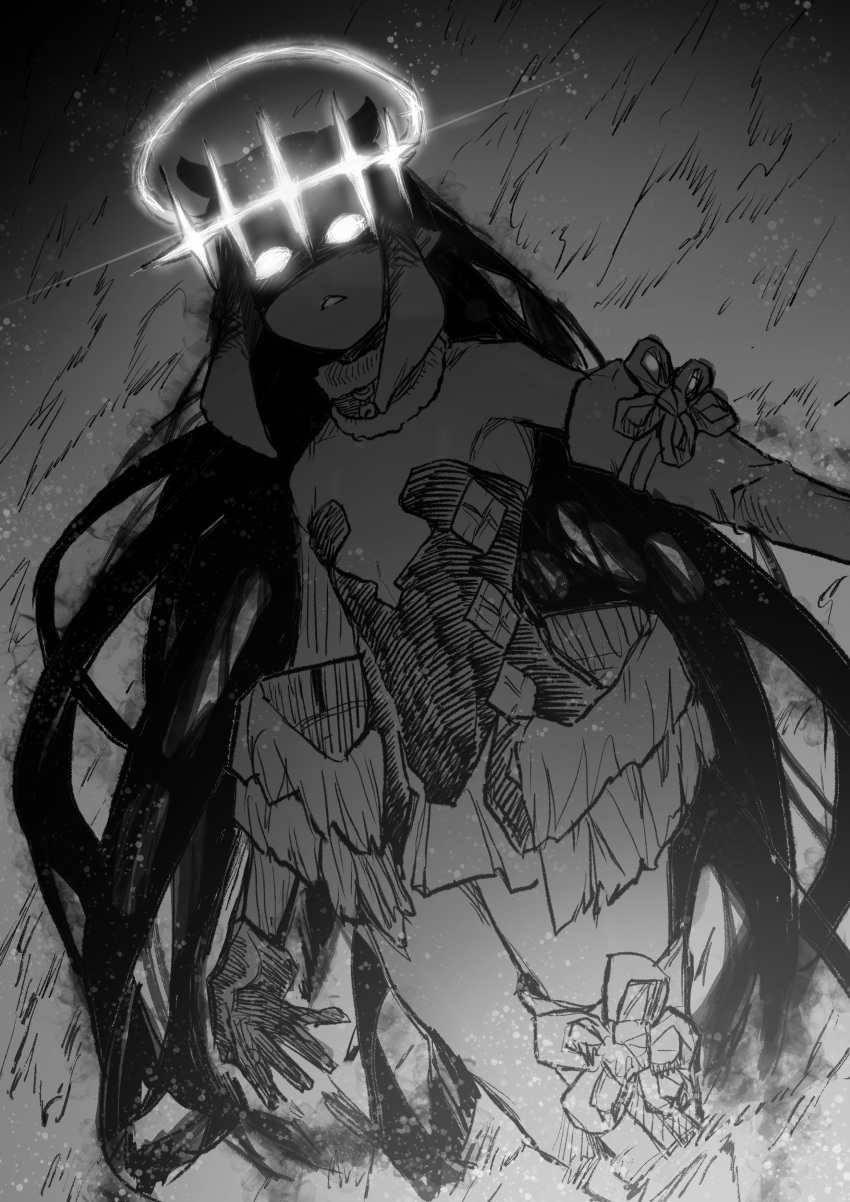 1girl absurdres bare_shoulders choker crown dust dust_cloud dutch_angle fur_choker fur_trim glint gloves glowing glowing_eyes greyscale halo hatching_(texture) highres hololive hololive_english lens_flare long_hair low_wings monochrome ninomae_ina'nis no_pupils off_shoulder parted_lips shaded_face single_thighhigh solo takoongyi tentacle_hair thighhighs very_long_hair virtual_youtuber wings