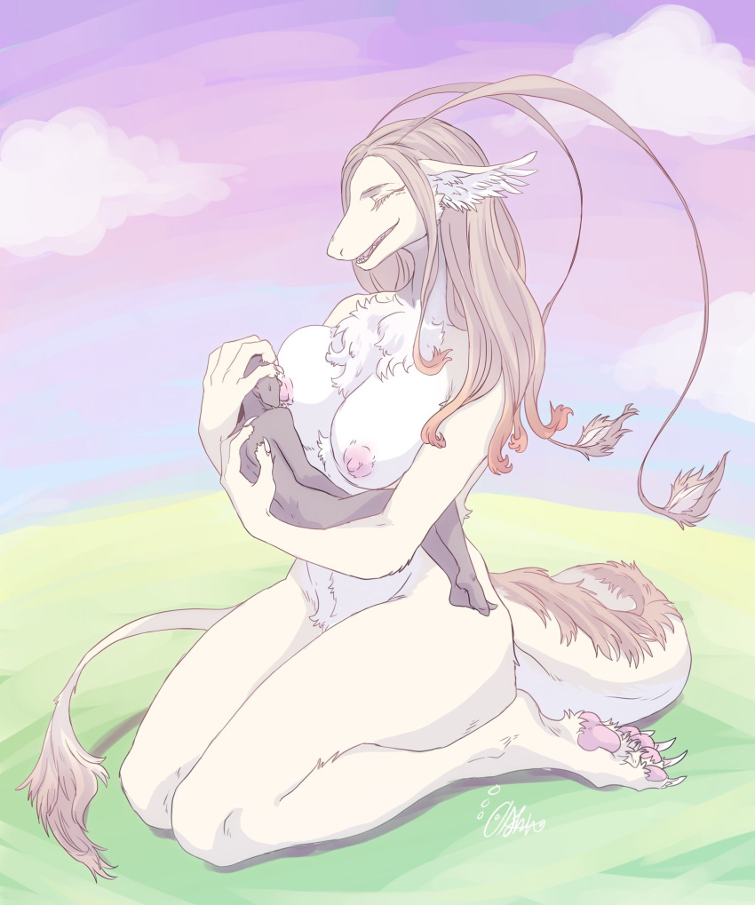 amanjiru anthro breastfeeding breasts chest_fur chest_tuft claws dragon duo eyes_closed female fur furred_dragon hair head_wings hi_res human kneeling mammal motherly nipples nude pawpads smile tuft wingless_dragon wings