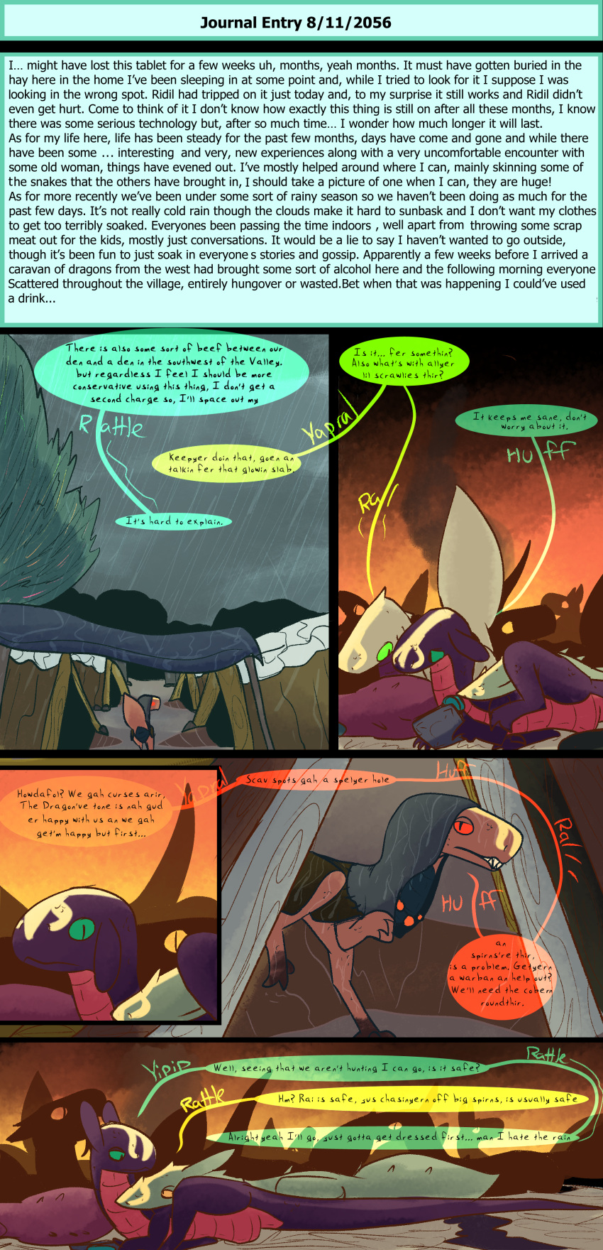 absurd_res campfire comic desert dinosaur dragon dragonscape drekir dromaeosaurid female feral group hi_res laying_together male oli_(thepatchedragon) post-apocalyptic raining ralan_(thepatchedragon) reptile scalie settlement text thepatchedragon theropod tribal tribal_clothing village