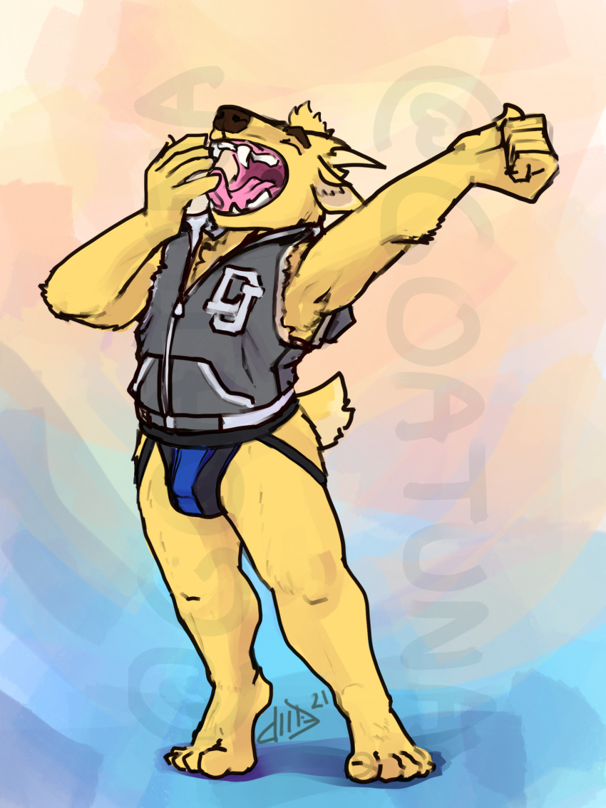 anthro barefoot cervid cervine clothing dj_strap fangs feet goatuna hi_res horn jacket jockstrap letterman_jacket male mammal muntjac open_mouth sleeveless_jacket solo stretching topwear underwear watermark yawn