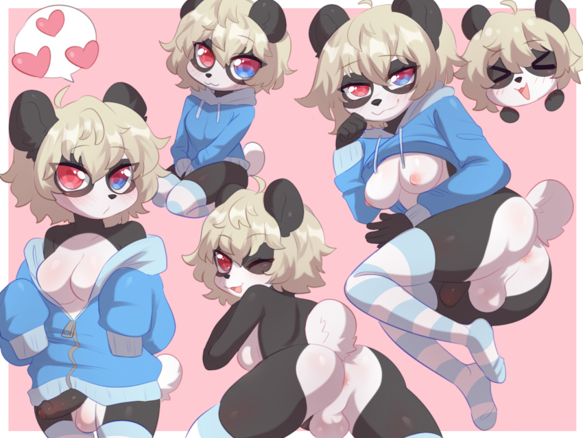 &lt;3 ambiguous_gender anthro black_penis blonde_hair breasts chibi claralaine clothing female genitals giant_panda gynomorph hair heterochromia hi_res hoodie intersex legwear mammal olive_hyde penis solo thigh_highs topwear ursid