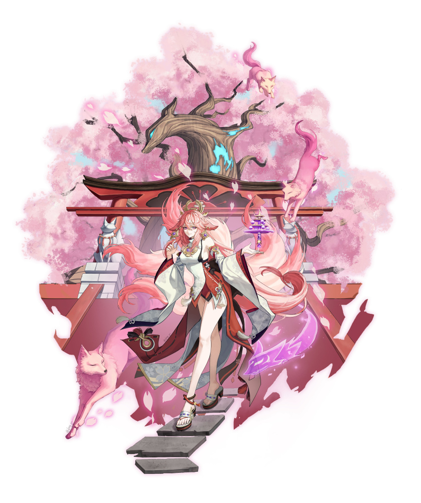 1girl absurdres animal_ears bangs bare_shoulders cherry_blossoms chinese_commentary commentary_request detached_sleeves earrings eyeshadow fang_yu floating floating_object floating_weapon fox fox_ears fox_girl fox_statue fox_tail full_body genshin_impact glowing_petals hair_between_eyes hands_up headpiece highres jewelry kagura's_verity_(genshin_impact) long_hair looking_at_viewer makeup multiple_tails outdoors pink_eyeshadow pink_hair purple_eyes red_skirt rope sandals shimenawa shirt signature skirt smile solo standing statue tail tassel torii tree turtleneck very_long_hair white_background white_shirt wide_sleeves yae_miko