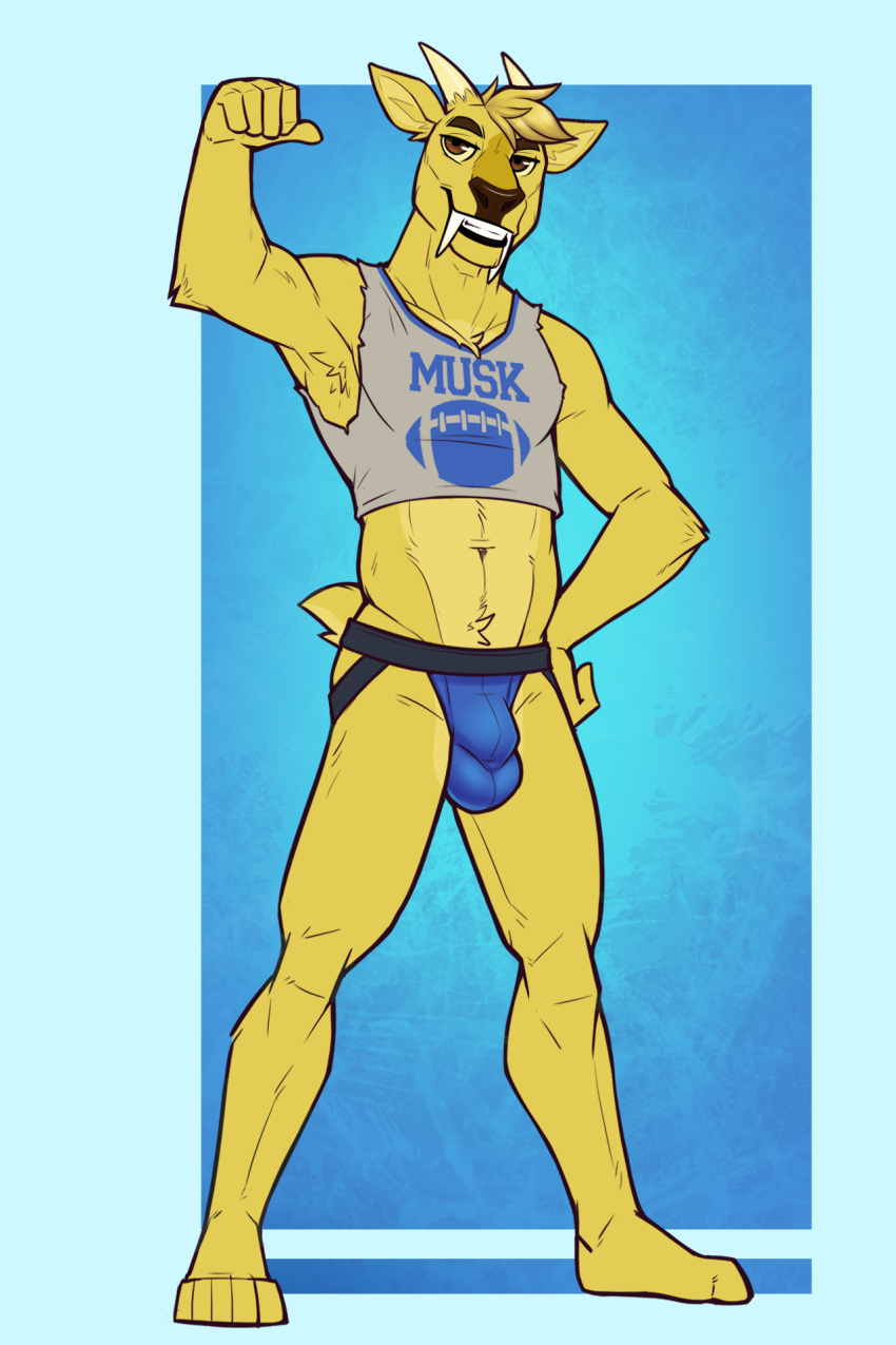 anthro barefoot brown_eyes bulge cervid cervine clothing crop_top dj_strap fangs fcsimba feet fur hi_res horn jockstrap male mammal midriff muntjac shirt solo text text_on_clothing text_on_topwear topwear underwear yellow_body yellow_fur