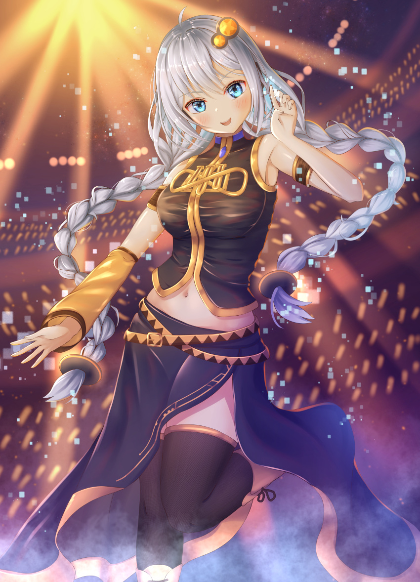1girl absurdres ahoge armband armpit_crease black_legwear black_shirt black_skirt blue_eyes blurry blurry_background boots braid breasts brooch concert cosplay detached_sleeves feet_out_of_frame floating_hair gold_trim grey_hair hair_ornament hatyomugi00 highres jewelry kizuna_akari knee_boots leg_up light_blush long_hair long_skirt looking_at_viewer medium_breasts megurine_luka megurine_luka_(cosplay) midriff navel open_mouth shirt side_slit single_detached_sleeve skin_tight skirt sleeveless sleeveless_shirt smile solo spotlight standing standing_on_one_leg thighhighs twin_braids very_long_hair vocaloid voiceroid yellow_footwear yellow_sleeves