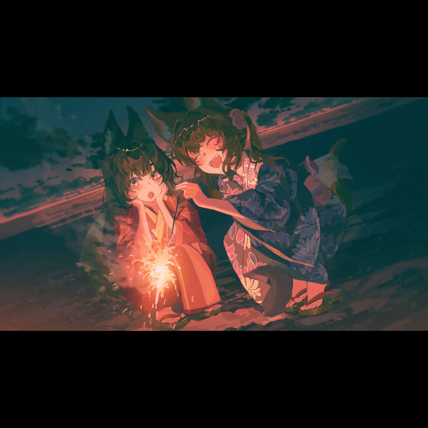2girls :d :o animal_ear_fluff animal_ears bangs beach brown_hair closed_eyes cloud facial_mark fireworks floral_print fox_ears fox_girl fox_tail full_body hand_up hands_on_own_cheeks hands_on_own_face hands_up highres holding_fireworks japanese_clothes kimono long_hair looking_at_object luc_(user_xzsx2472) medium_hair multiple_girls night original outdoors red_eyes red_kimono senkou_hanabi shiny shiny_hair sidelocks smile sparkler squatting tail toes twilight two_side_up whisker_markings yukata