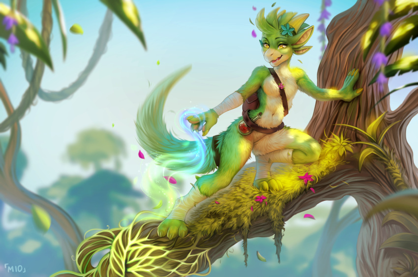 accessory anthro backpack belt branch female flower flower_in_hair hair hair_accessory horn hybrid jungle kanya_the_drakkonid_(darkflamewolf) leaf leaves_in_hair legend_of_ahya magic magic_user mammal miosha nude plant powers reptile scalie solo tree vines