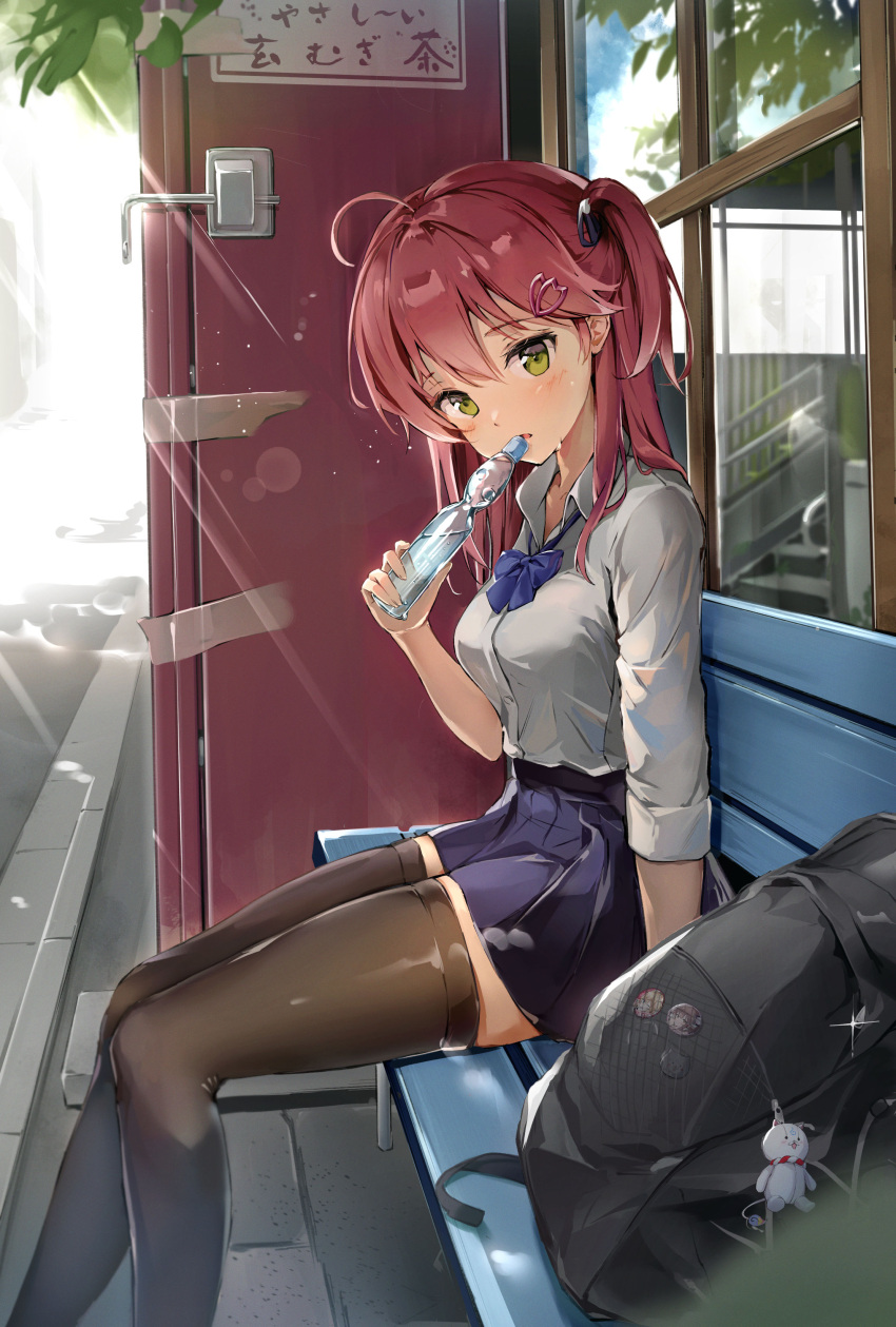 1girl absurdres backpack backpack_removed bag bangs blue_bow blue_bowtie blue_skirt blush bottle bow bowtie breasts brown_legwear collared_shirt green_eyes hair_between_eyes hair_ribbon highres holding holding_bottle hololive long_hair long_sleeves looking_at_viewer medium_breasts on_bench parted_lips red_hair ribbon sakura_miko shirt skirt solo syafa thighhighs two_side_up virtual_youtuber white_shirt window