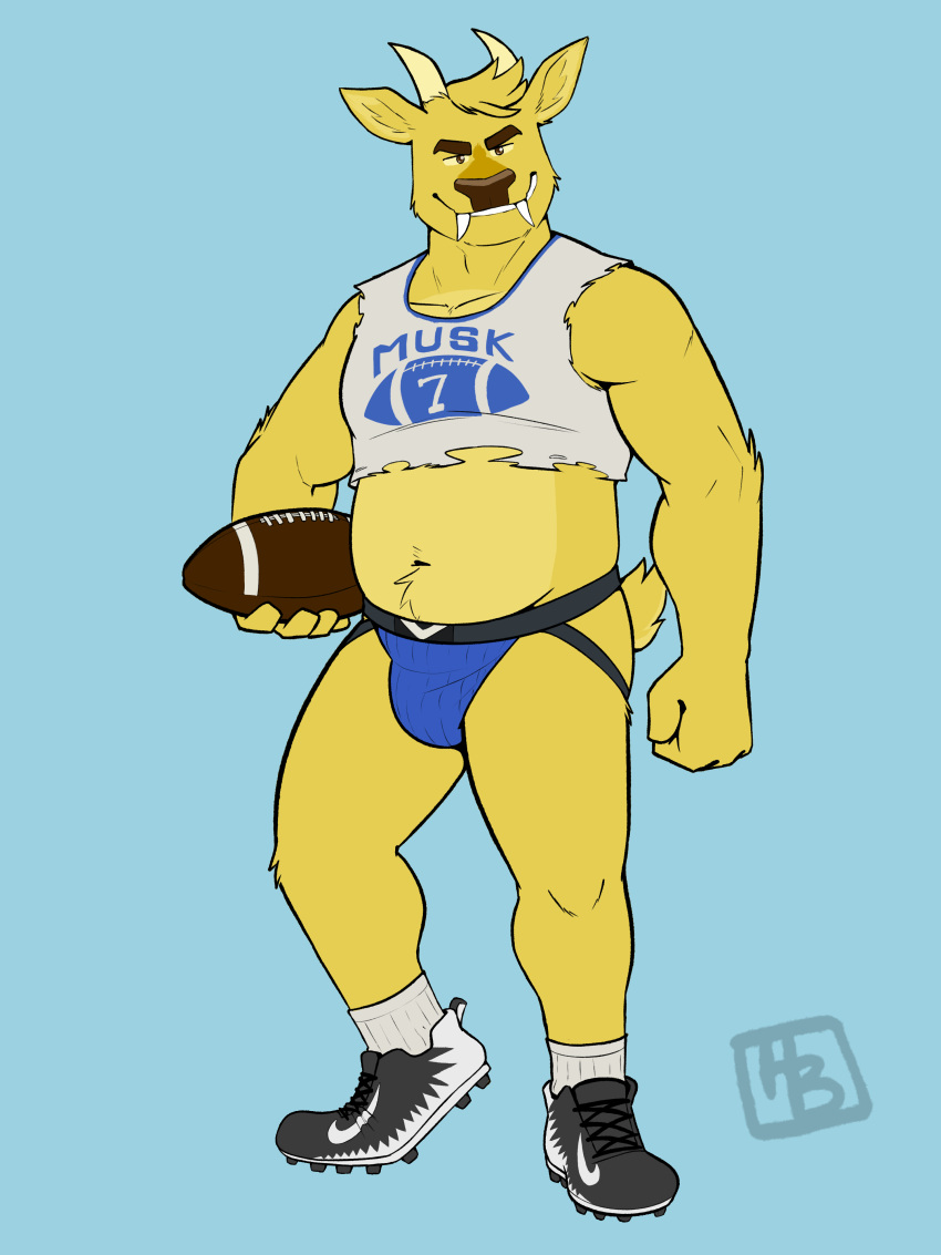 absurd_res american_football anthro ball belly cervid cervine cleats clothing crop_top dj_strap fangs football_(ball) footwear fur hashburrowns hi_res horn jockstrap male mammal midriff muntjac shirt socks solo sport text text_on_clothing text_on_topwear topwear underwear yellow_body yellow_fur