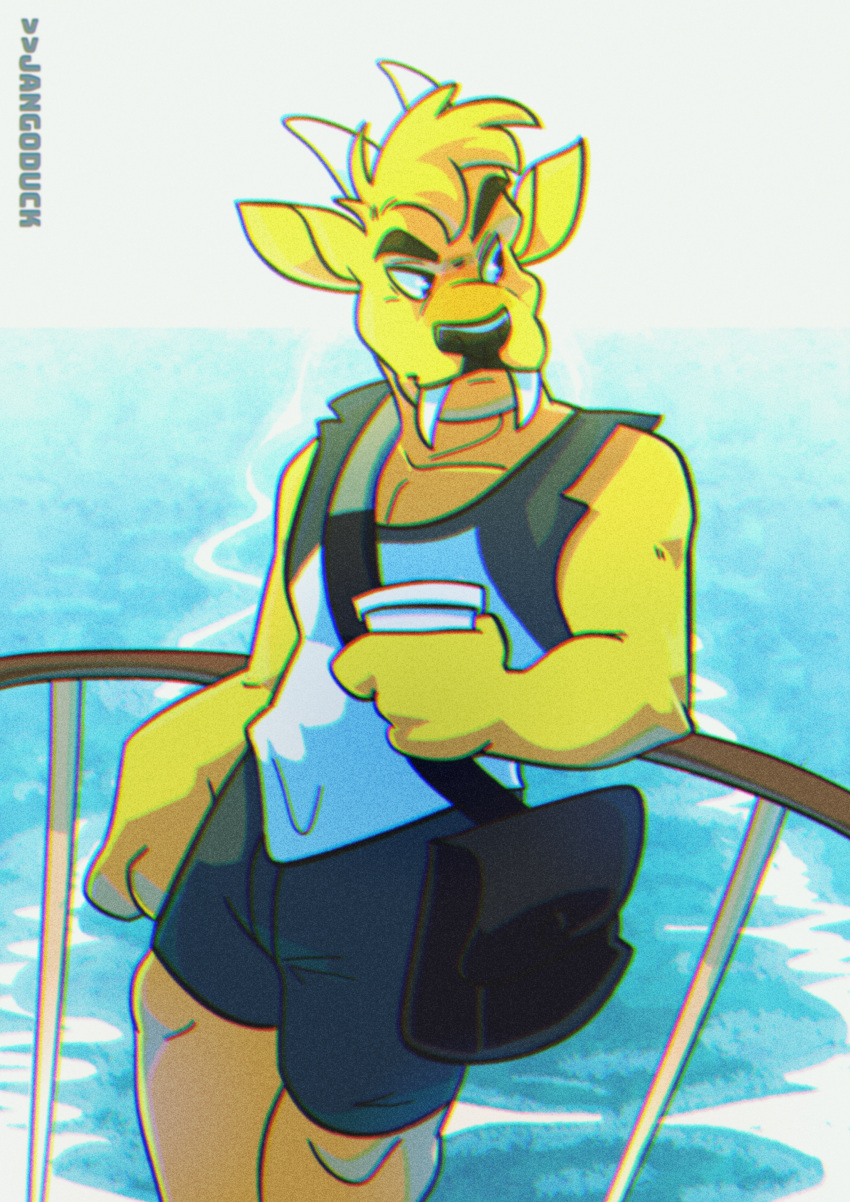 absurd_res anthro boat bottomwear cervid cervine clothing coffee_cup container cup dj_strap fangs fur hi_res horn jangoduck male mammal muntjac railing sea shirt shorts shoulder_bag sleeveless_shirt solo topwear vehicle water watercraft yellow_body yellow_fur