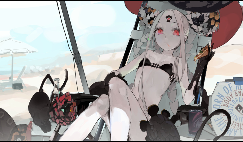 1girl abigail_williams_(fate) abigail_williams_(swimsuit_foreigner)_(fate) bikini black_bikini breasts can deck_chair fate/grand_order fate_(series) food hat highres keyhole long_hair looking_at_viewer outdoors pale_skin parasol pizza pizza_box pizza_slice red_eyes sitting small_breasts solo swimsuit umbrella white_hair witch_hat yorurokujuu