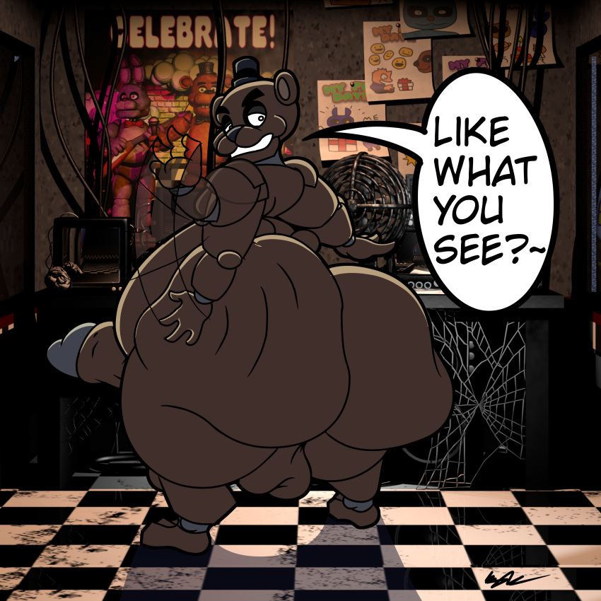 absurd_res animatronic anthro big_butt big_penis butt checkered_floor five_nights_at_freddy's floor freddy_(fnaf) genitals hi_res huge_butt huge_penis hyper hyper_butt hyper_genitalia jiggling kylefrommicrosoft machine male mammal monitor office overweight overweight_male penis ripples robot scottgames solo spanking spider_web tile tile_floor ursid video_games