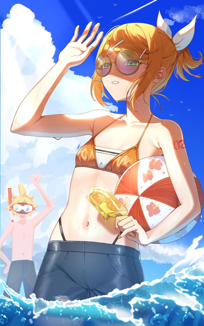 1boy 1girl absurdres ahoge arm_up ball bare_arms bare_shoulders beachball bikini bikini_under_clothes bird blonde_hair blue_sky bow breasts cloud collarbone diving_mask food goggles hair_bow hair_ornament hair_ribbon hairclip half-closed_eyes hand_on_hip highres holding holding_ball holding_food inu8neko kagamine_len kagamine_rin light_rays male_swimwear midriff navel number_tattoo ocean partially_submerged popsicle ribbon seagull short_hair short_ponytail shorts shoulder_tattoo sky small_breasts smile snorkel soaking_feet solo_focus sunbeam sunglasses sunlight swim_trunks swimsuit tattoo topless_male vocaloid water waves waving yellow_nails