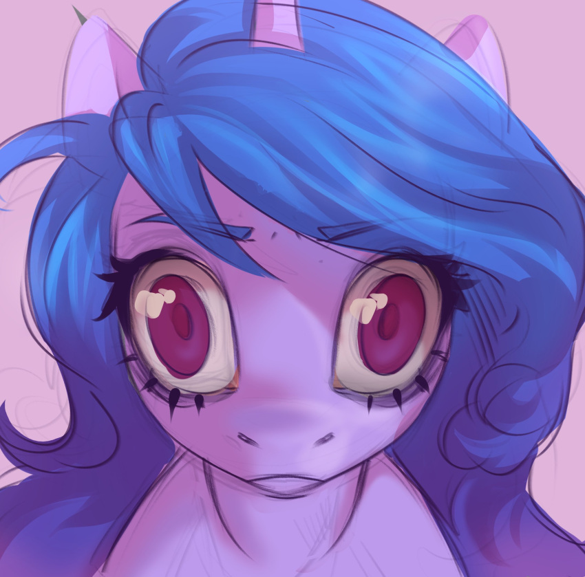 2022 anime_kubrick_stare blue_hair digital_media_(artwork) equid equine eyebrows eyelashes female feral hair hasbro helemaranth hi_res horn izzy_moonbow_(mlp) looking_at_viewer mammal mlp_g5 my_little_pony purple_body purple_eyes simple_background solo stare unicorn