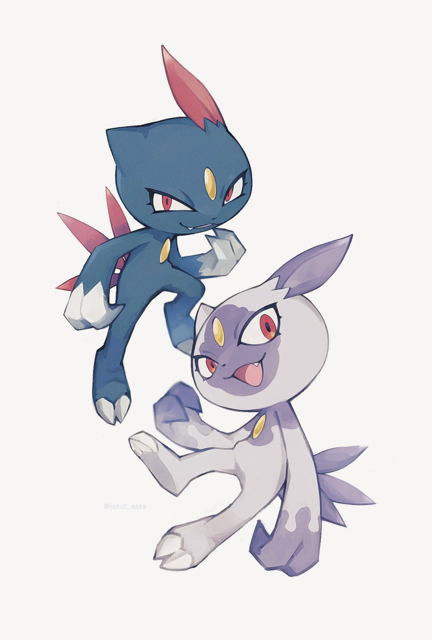 :d claws eyelashes fang highres hisuian_sneasel no_humans open_mouth pokemon pokemon_(creature) red_eyes smile sneasel tako2_eaka tongue twitter_username white_background