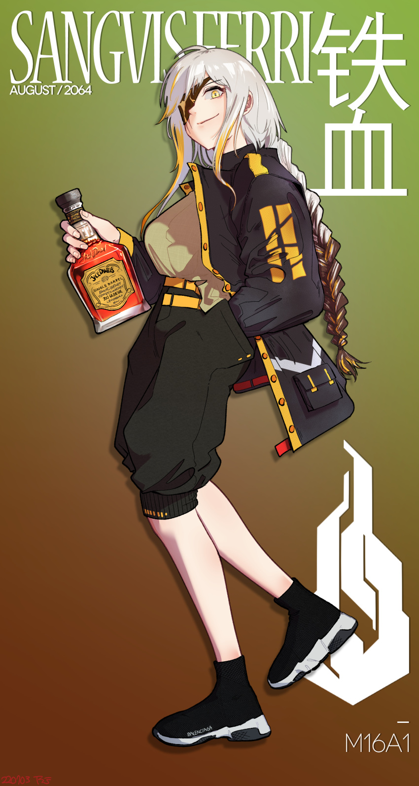 1girl absurdres black_footwear black_jacket black_shorts blonde_hair bottle braid breasts brown_hair eyepatch full_body girls'_frontline hand_in_pocket highres holding holding_bottle jack_daniel's jacket large_breasts long_braid long_hair long_sleeves m16a1_(boss)_(girls'_frontline) multicolored_hair open_clothes open_jacket radish_p shirt shoes shorts sidelocks single_braid sneakers solo streaked_hair white_hair yellow_eyes yellow_shirt