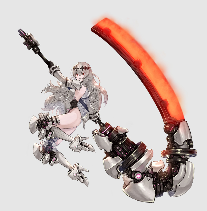 1girl armor black_gloves blackball crown detached_sleeves gloves glowing glowing_weapon greaves grey_background grey_hair grey_legwear grey_leotard hair_between_eyes high_heels highres holding holding_scythe holding_weapon huge_weapon leotard long_hair mechanical open_mouth original red_eyes scythe simple_background sleeves_past_wrists smile solo teeth thighhighs tongue upper_teeth weapon