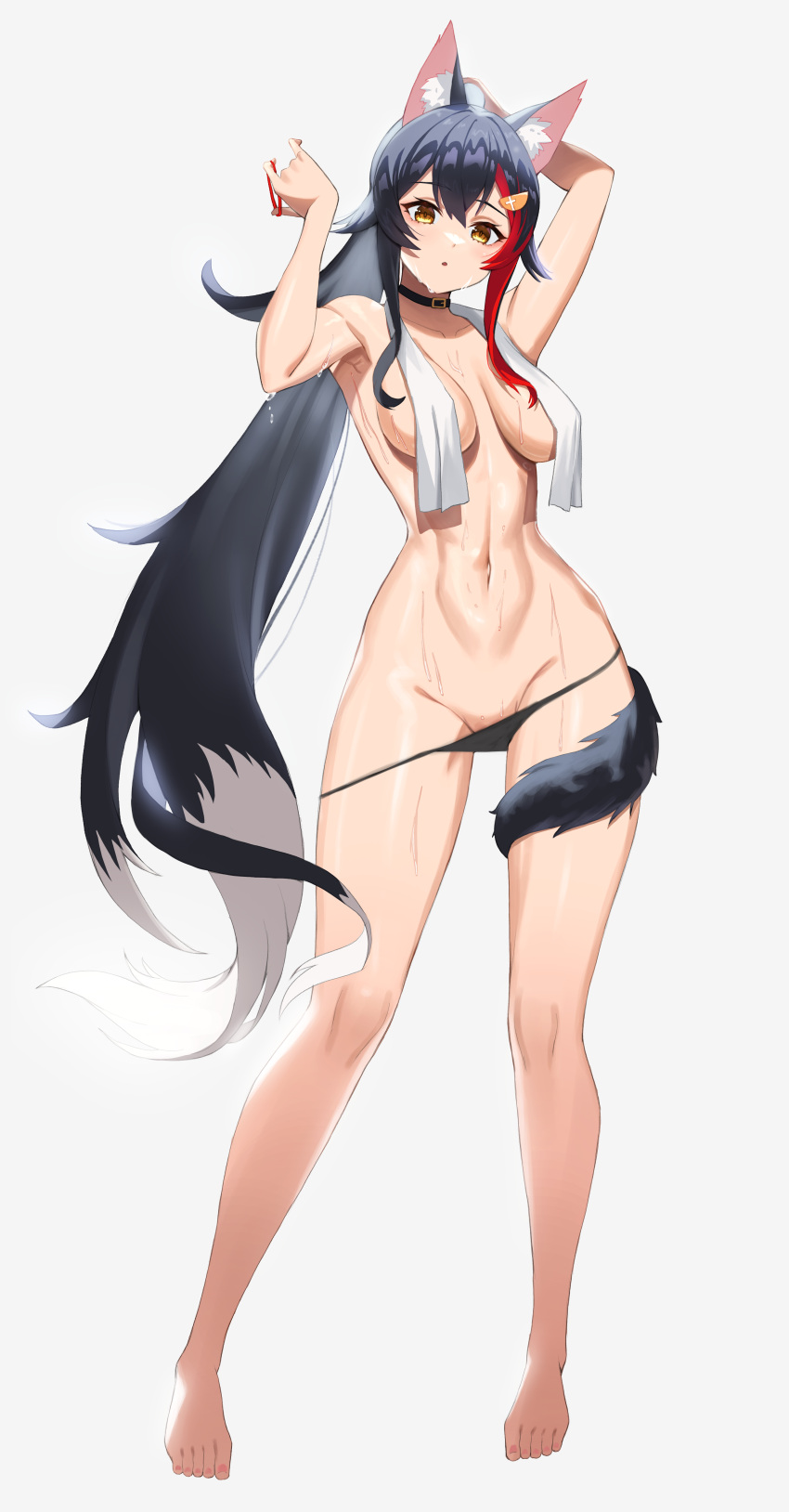 1girl absurdres animal_ear_fluff animal_ears arms_up black_hair black_panties brown_eyes colored_tips commentary full_body grey_background hair_ornament hair_tie highres hololive long_hair looking_at_viewer multicolored_hair navel ookami_mio panties panty_pull partially_undressed red_hair solo standing streaked_hair tail tail_around_leg towel towel_around_neck tying_hair underwear very_long_hair virtual_youtuber wangjook_(wj) wet white_hair wolf_ears wolf_tail