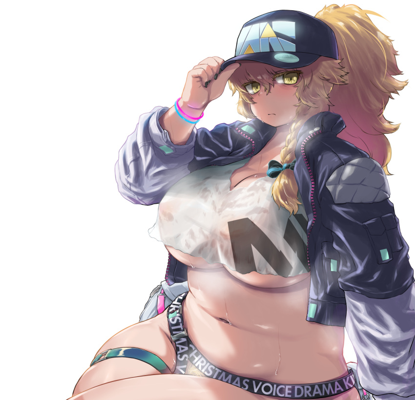 1girl alternate_costume bangs baseball_cap belt black_headwear black_jacket black_nails blonde_pubic_hair blush braid breasts cleavage closed_mouth commentary_request cookie_(touhou) covered_navel cowboy_shot crop_top english_text fat female_pubic_hair hair_between_eyes hat high_ponytail highres huge_breasts jacket kirisame_marisa long_hair looking_at_viewer mars_(cookie) navel open_clothes open_jacket otemoto_(baaaaloooo) ponytail pubic_hair shirt side_braid simple_background single_braid solo sweat thigh_belt thigh_strap touhou underboob wet wet_clothes wet_shirt white_background white_shirt wristband yellow_eyes zipper