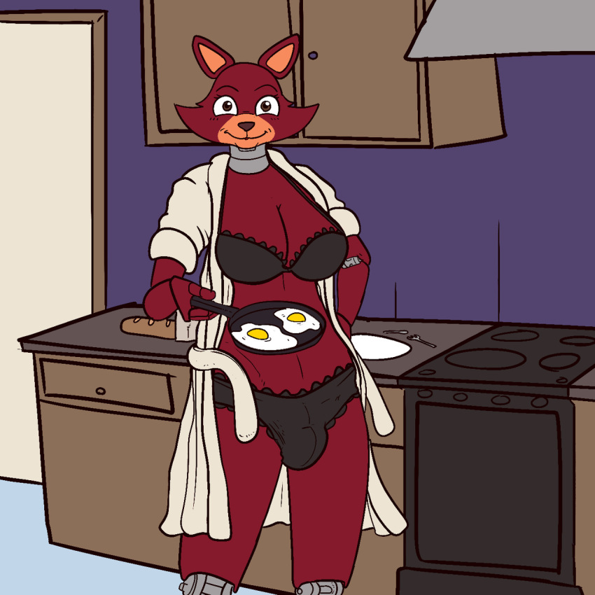 2018 bra bread breasts brown_eyes bulge canid canine clothing cookware crisis-omega digital_media_(artwork) dix_(crisis-omega) egg five_nights_at_freddy's food fox foxy_(fnaf) frying_pan fur gynomorph hi_res intersex kitchen kitchen_utensils mammal red_body red_fur scottgames solo tools underwear video_games