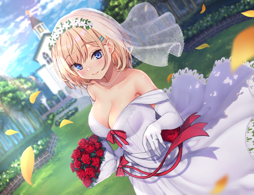 1girl \||/ bare_shoulders blonde_hair blue_eyes blurry blurry_foreground blush bokeh bouquet breasts brick bridal_veil bride character_request church cleavage closed_mouth cloud collarbone commentary depth_of_field dot_nose dress dutch_angle elbow_gloves flower gloves grass hair_ornament hairclip holding holding_bouquet jewelry looking_at_viewer medium_breasts medium_hair monster_company necklace off-shoulder_dress off_shoulder official_art outdoors petals red_flower red_ribbon red_rose ribbon ring rose shadow sky smile solo tree veil wedding wedding_dress wedding_ring white_dress white_gloves wowoguni