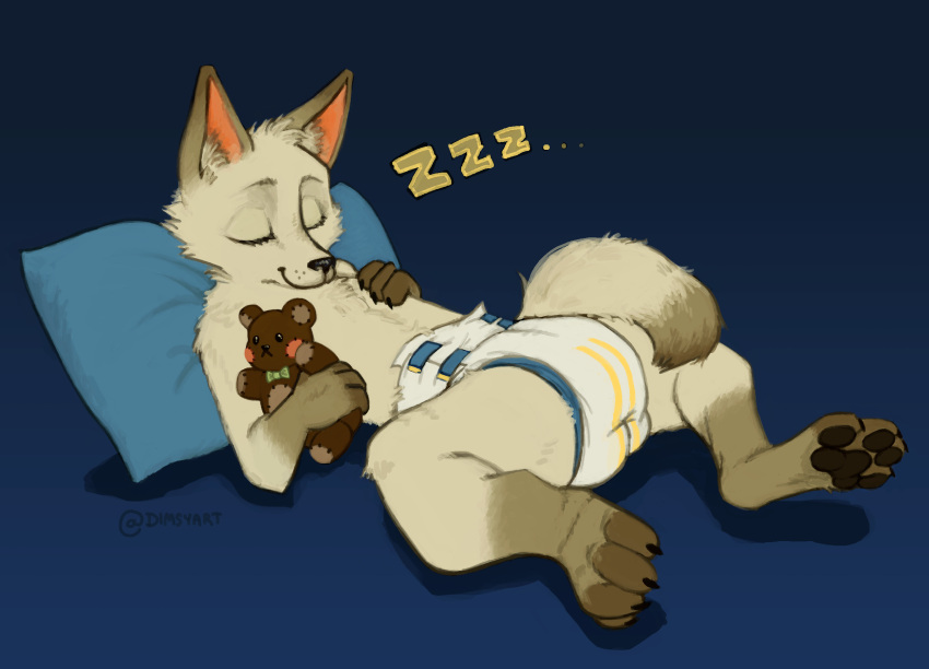 ambiguous_gender anthro arctic_fox biped canid canine diaper digital_drawing_(artwork) digital_media_(artwork) dimsy english_text fox gradient_background hi_res mammal pawpads paws pillow plushie simple_background sleeping solo sound_effects teddy_bear text zzz