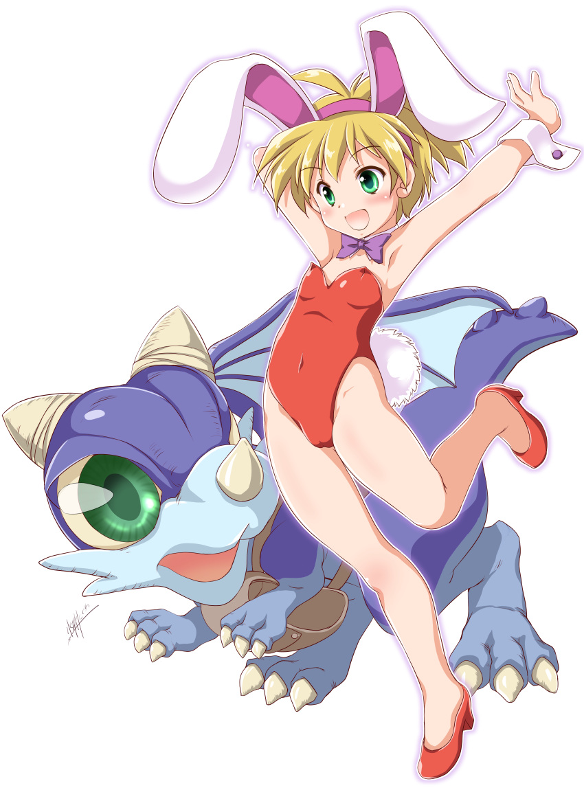 1girl animal_ears bare_legs blonde_hair bow bowtie cameltoe commentary_request covered_navel dinosaur flat_chest green_eyes high_heels highres keiou_yuugekitai leotard mizushiro_takuya nanahikari_rami outstretched_arms playboy_bunny pochi_(keiou_yuugekitai) purple_bow purple_bowtie rabbit_ears rabbit_tail red_footwear red_leotard short_hair simple_background smile strapless strapless_leotard tail white_background wrist_cuffs