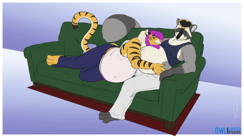 anthro both_pregnant bottomwear clothing cuddling duo eyewear felid furniture glasses lying male male/male mammal owligatorstudios pantherine pants plantigrade pregnant pregnant_male procyonid raccoon shirt sitting sofa tank_top tiger topwear