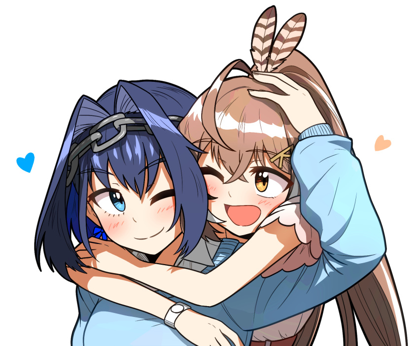 2girls alternate_costume arms_around_neck blue_eyes blue_hair blush brown_hair casual commentary_request ddolbang eyebrows_behind_hair feather_hair_ornament feathers hair_intakes hair_ornament hand_on_another's_head head_chain heart highres hololive hololive_english hug korean_commentary long_hair long_sleeves looking_at_another multiple_girls nanashi_mumei one_eye_closed ouro_kronii ponytail short_hair short_sleeves upper_body virtual_youtuber watch white_background wristwatch yuri