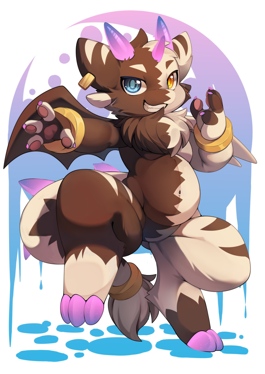 2021 3_horns absurd_res ambiguous_gender anthro arm_accessory armlet belly blue_eyes brown_body brown_fur brown_markings brown_pawpads brown_wings chest_tuft claws clenched_teeth digital_media_(artwork) digitigrade dipstick_fingers eye_glint featureless_crotch fur fur_markings gloves_(marking) heterochromia hi_res horn hybrid kemono lio29227541 markings multi_horn multicolored_body multicolored_fur narrowed_eyes navel one_leg_up pawpads purple_claws purple_horn purple_spikes raised_leg ring solo spiked_tail spikes spikes_(anatomy) teeth tuft two_tone_body two_tone_face two_tone_fur two_tone_tail white_body white_fur white_markings white_wings wings yellow_eyes