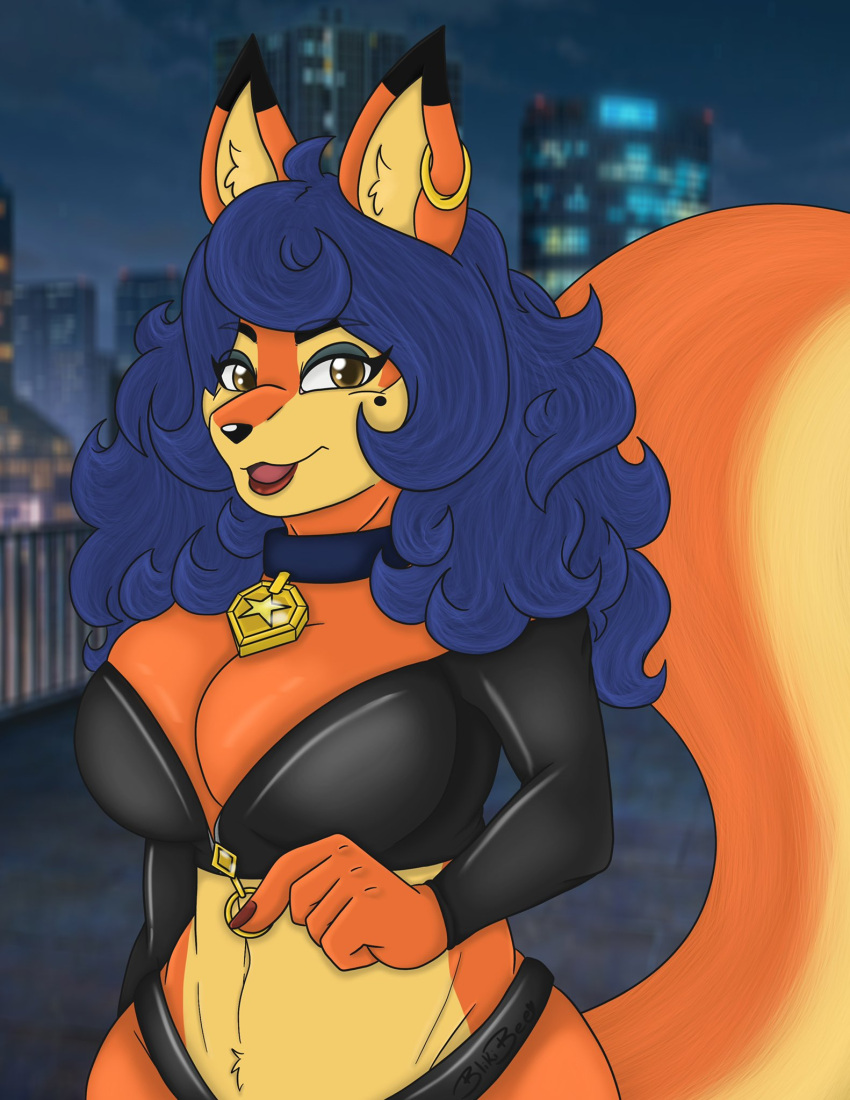 anthro big_breasts bliki_bee blue_hair breasts canid canine carmelita_fox clevage clothing collar digital_media_(artwork) ear_piercing ear_ring female fox fur hair hi_res looking_at_viewer mammal orange_body orange_fur piercing ring_piercing sly_cooper_(series) smile solo sony_corporation sony_interactive_entertainment sucker_punch_productions topwear undressing video_games