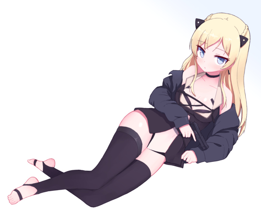 1girl bangs bare_shoulders black_jacket blonde_hair blue_eyes breasts cleavage closed_mouth daewoo_k5 full_body girls'_frontline gun holding holding_gun holding_weapon jacket jagd k5_(girls'_frontline) leotard long_hair long_sleeves looking_at_viewer simple_background solo thighhighs toeless_legwear toes trigger_discipline weapon white_background