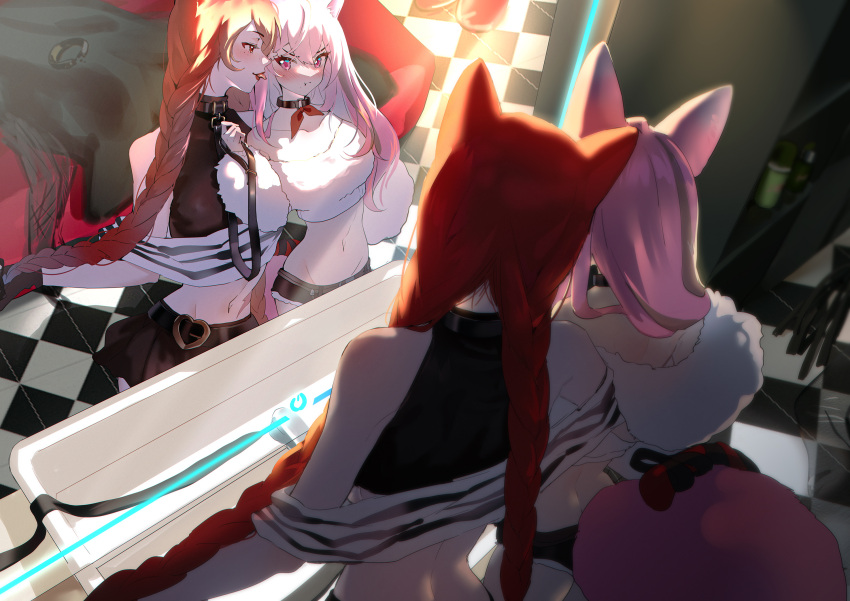 2girls animal_ears bare_shoulders black_gloves blush breasts bugie cat_ears cat_girl cat_tail checkered_floor collar commission commissioner_upload from_behind gloves hair_over_one_eye highres indoors koinu_emiko large_breasts long_hair midriff mirror multiple_girls navel non-web_source off_shoulder original pink_eyes pink_hair pout red_eyes red_hair reflection scarlet_destiny short_shorts shorts skirt standing tail tile_floor tiles tongue tongue_out twintails wolf_ears wolf_girl wolf_tail yuri